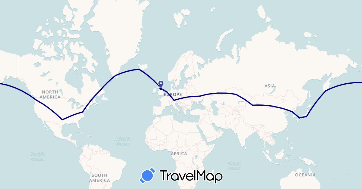 TravelMap itinerary: driving in Austria, Canada, China, United Kingdom, Greenland, Iceland, Japan, North Korea, Kazakhstan, Netherlands, Russia, Ukraine, United States (Asia, Europe, North America)